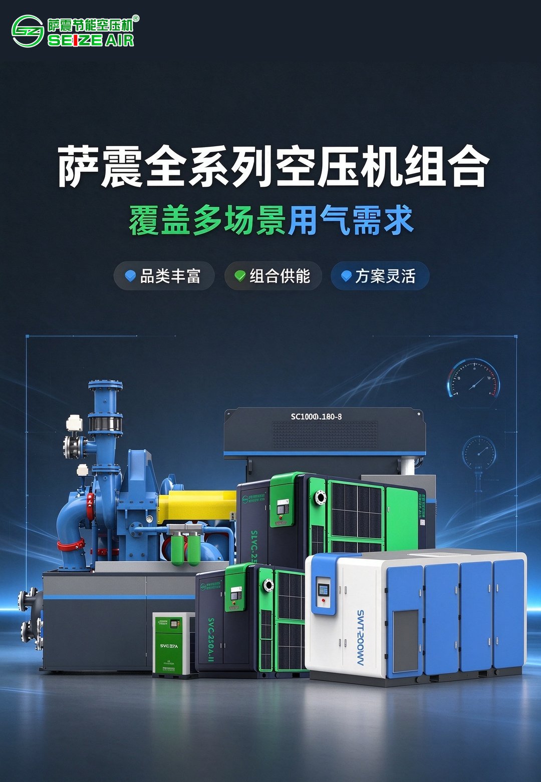 萨震全系列空压机组合，覆盖多场景用气需求